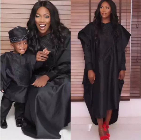 Tiwa Savage and her son , Jamil, step out in matching Agbada (photos)